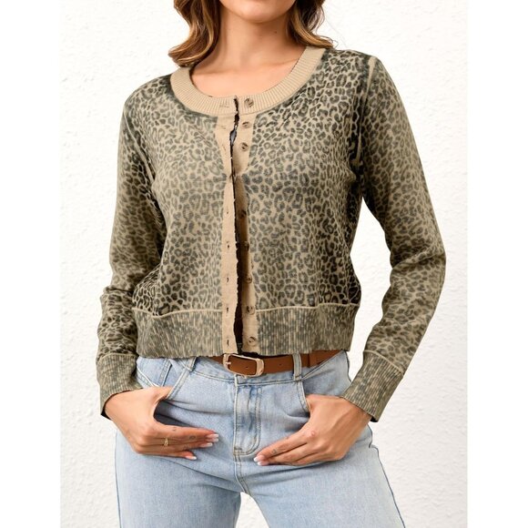 Leopard Cardigan Women Long Sleeve Button Up Knit Sweater Cheetah Print - Picture 2 of 6